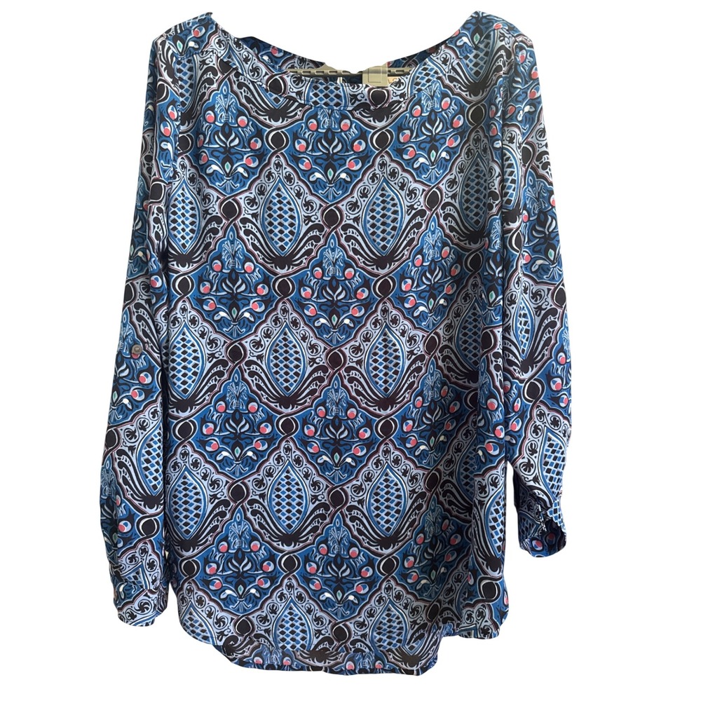 LOFT Ann Taylor Blue Damask Paisley Roll Tab Sleeve Blouse Medallion Top Medium